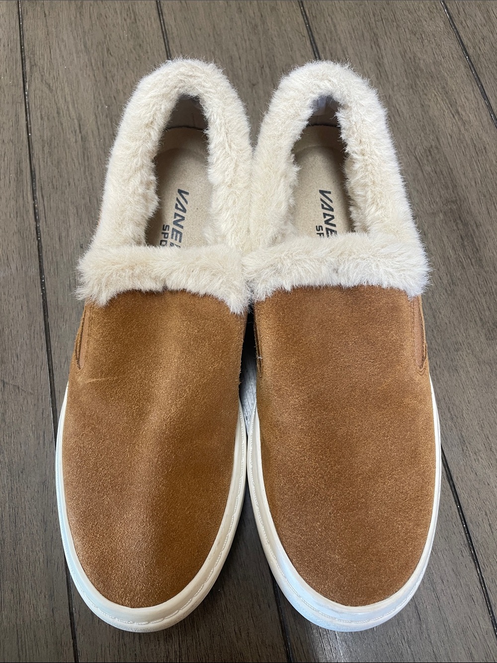 Vaneli Brown Suede Slip-On Flats with Cream Faux Fur Trim